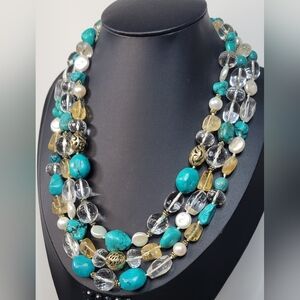 Turquoise, Baroque Pearl, & Glass Multi-Strand Necklace